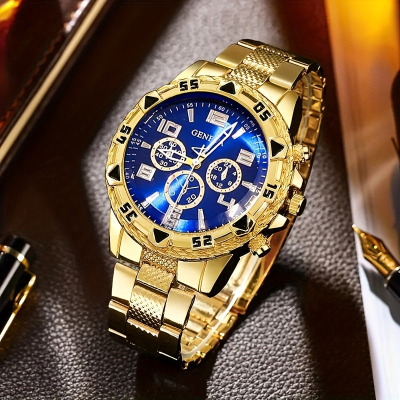 Conjunto de 4 peças elegantes para homens, em aço inoxidável, com relógio de quartzo, pulseira também em aço inoxidável, mostrador de pontos, corrente, anel e colar – Presente perfeito