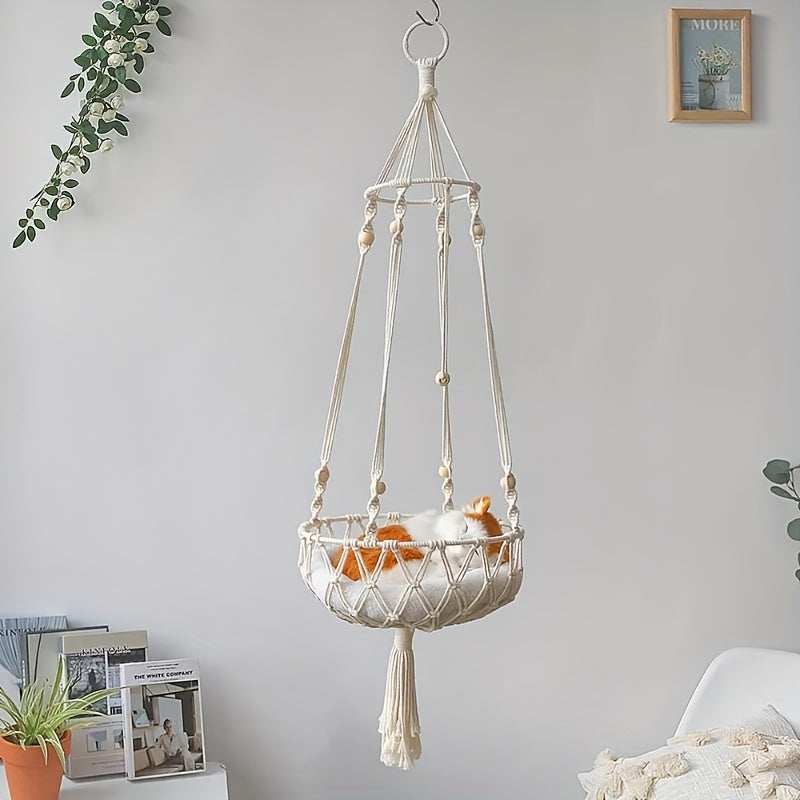 Cama suspensa para gatos, cesta de rede de corda trançada, berço confortável para animais de estimação, ideal para gatos de interior.