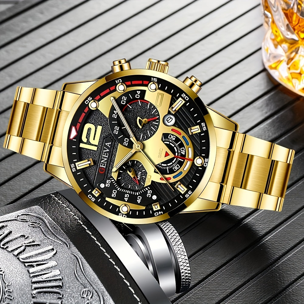 Conjunto de 4 peças de relógio de quartzo redondo masculino