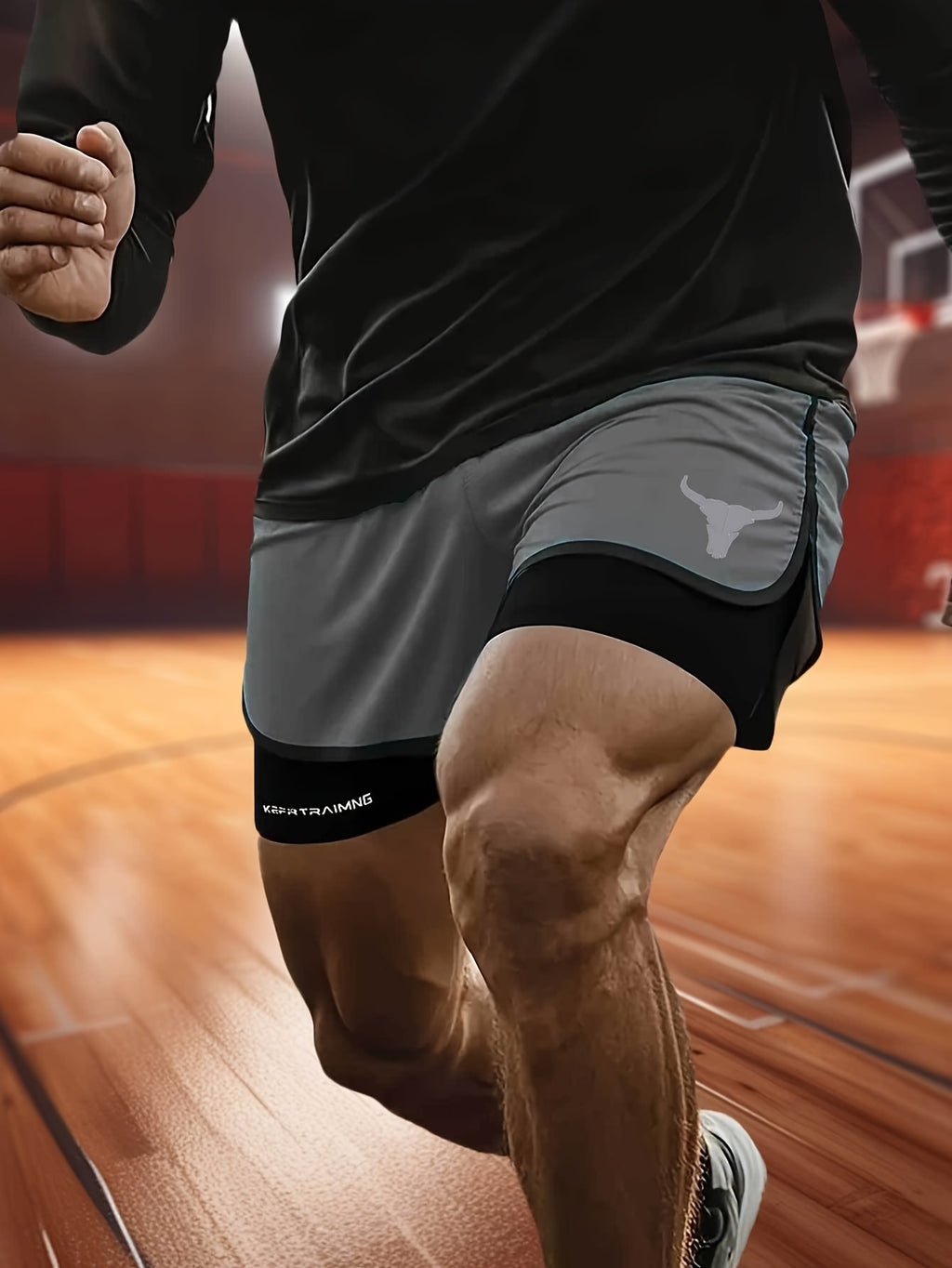 Calções de treino masculinos de secagem rápida e respiráveis com uma moderna estampa de cabeça de touro, perfeitos para praia e atividades físicas.