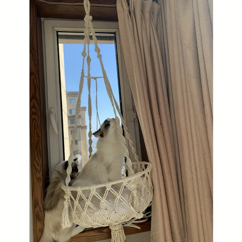 Cama suspensa para gatos, cesta de rede de corda trançada, berço confortável para animais de estimação, ideal para gatos de interior.