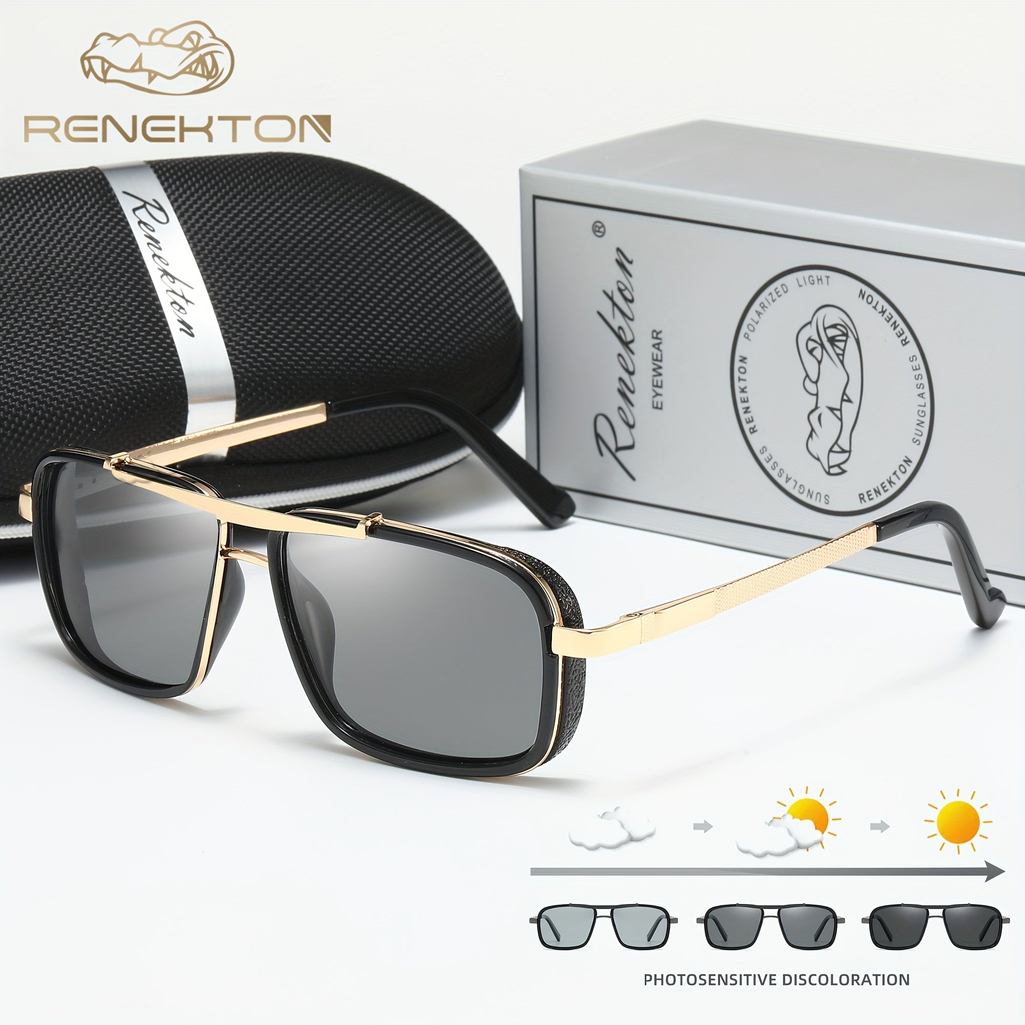 Óculos de Sol Masculinos RENEKTON com Lentes Polarizadas - Armação Quadrada - Aço Inoxidável, Lentes TAC - Inclui Estojo Preto Elegante, Renekton