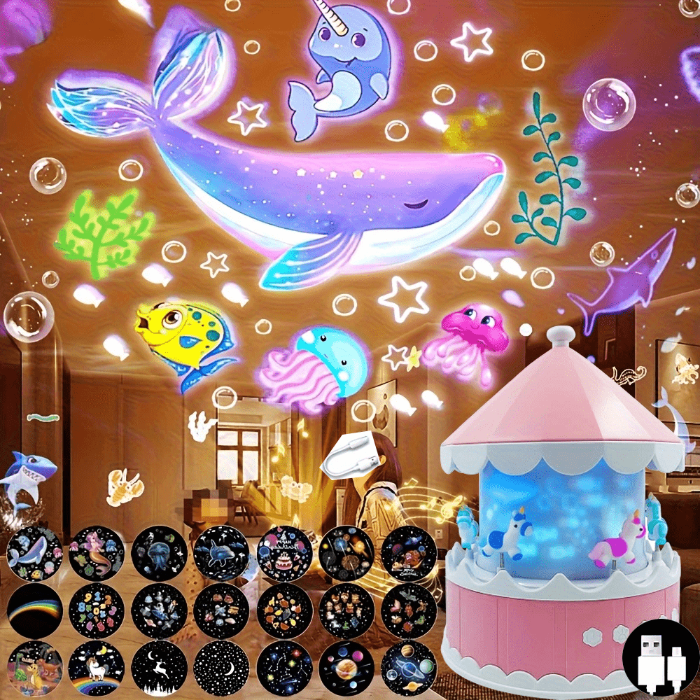 Projetor de Luz Noturna em Formato de Carrossel – Rosa | Projeção 360°