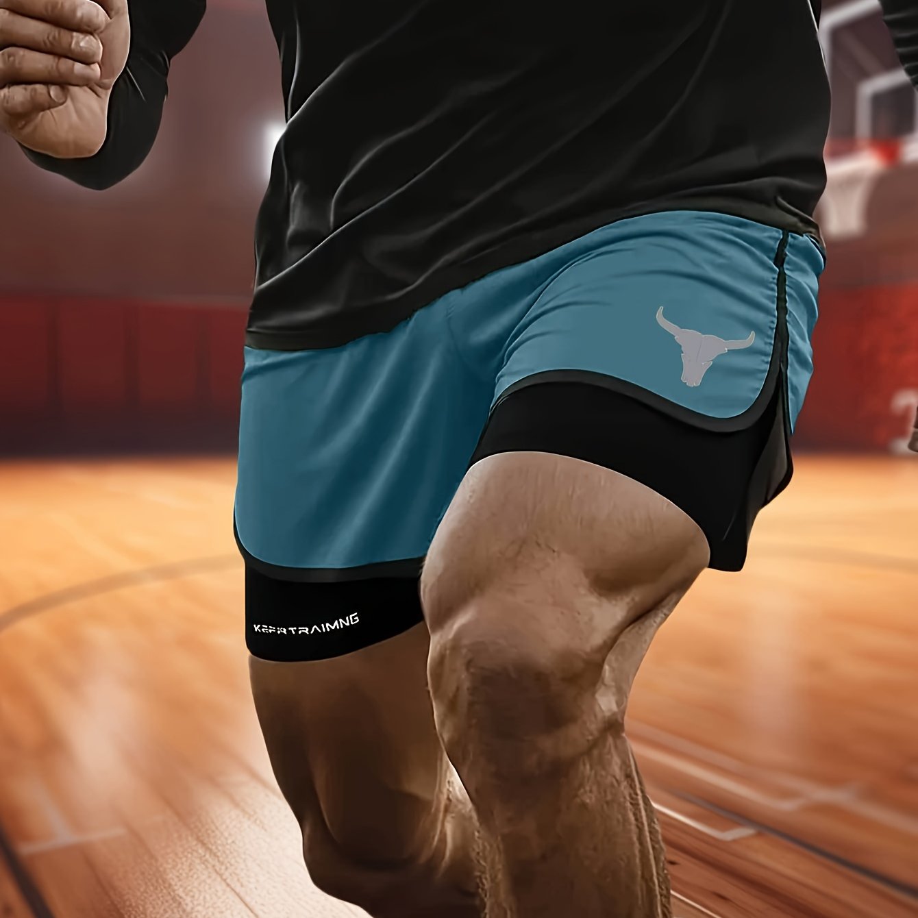 Calções de treino masculinos de secagem rápida e respiráveis com uma moderna estampa de cabeça de touro, perfeitos para praia e atividades físicas.