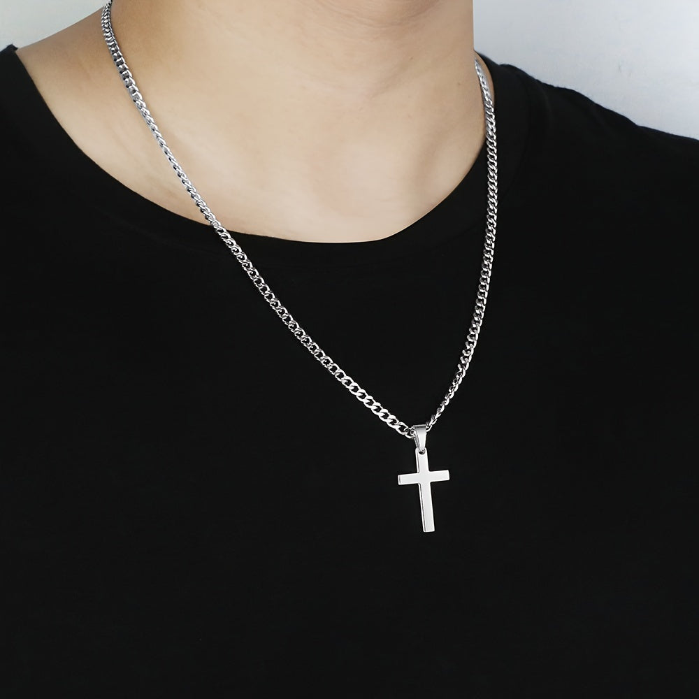 Colar com Pingente de Cruz em Aço Inoxidável, Corrente Durável e Resistente à Oxidação, Colar com Cruz, Estiloso