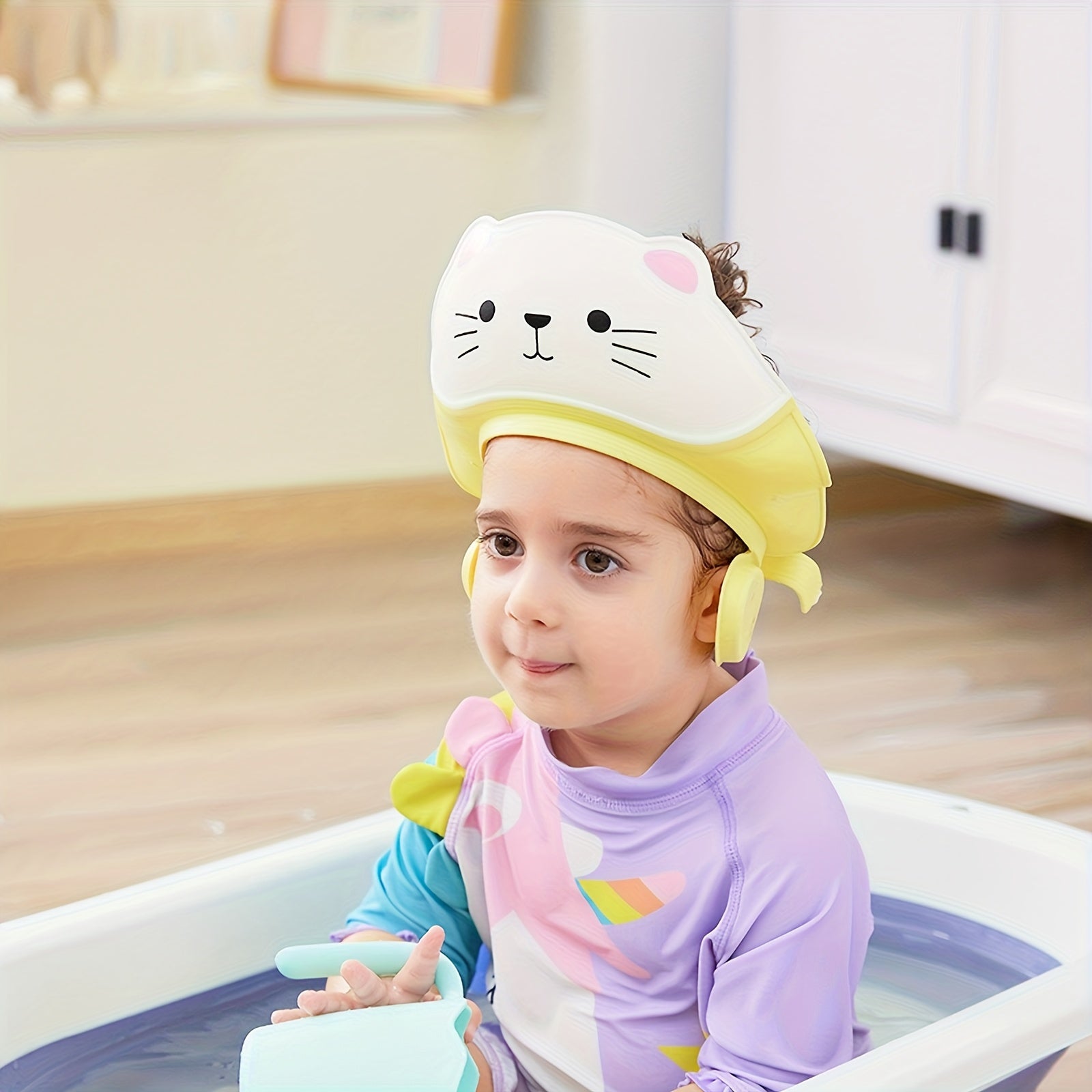 Touca de Banho Infantil Fofa com Estampa de Gato e Urso, Design de 3 Camadas e Sistema de Ventilação para as Orelhas - Cores Pastel Suaves (Rosa, Azul, Amarelo, Branco, Bege) - Touca de Banho para Bebê para Banheira, Spa e