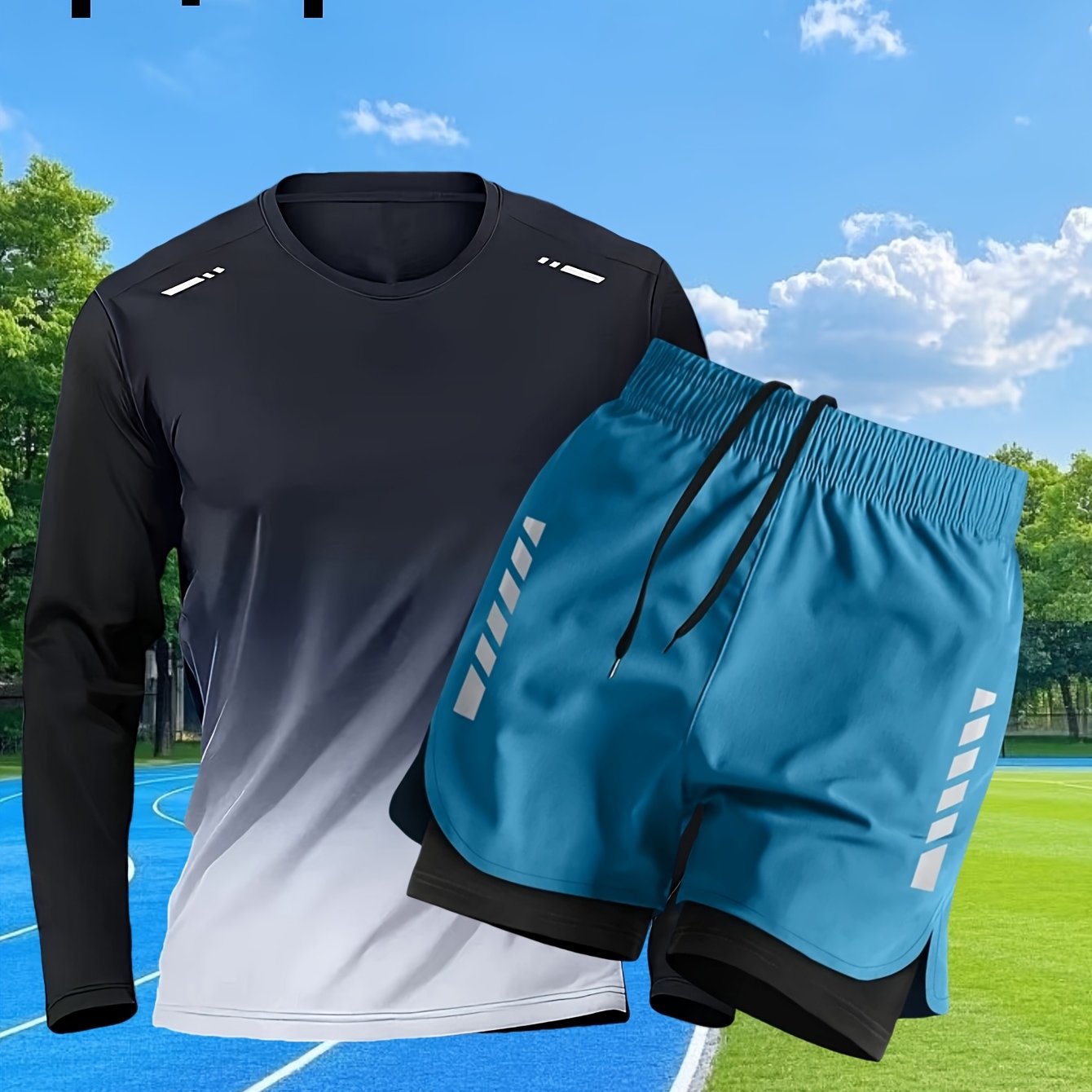 Conjunto Esportivo Masculino 2 Peças – Blusa de Manga Comprida + Shorts Justos de Camada Dupla