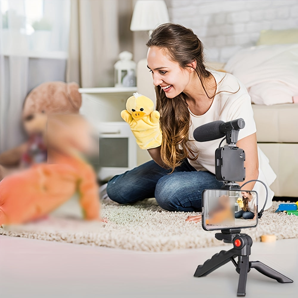 Kit portátil HOTU com LED para videoblog e suporte para smartphone, perfeito para transmissões ao vivo externas, videoconferências e vlogs.