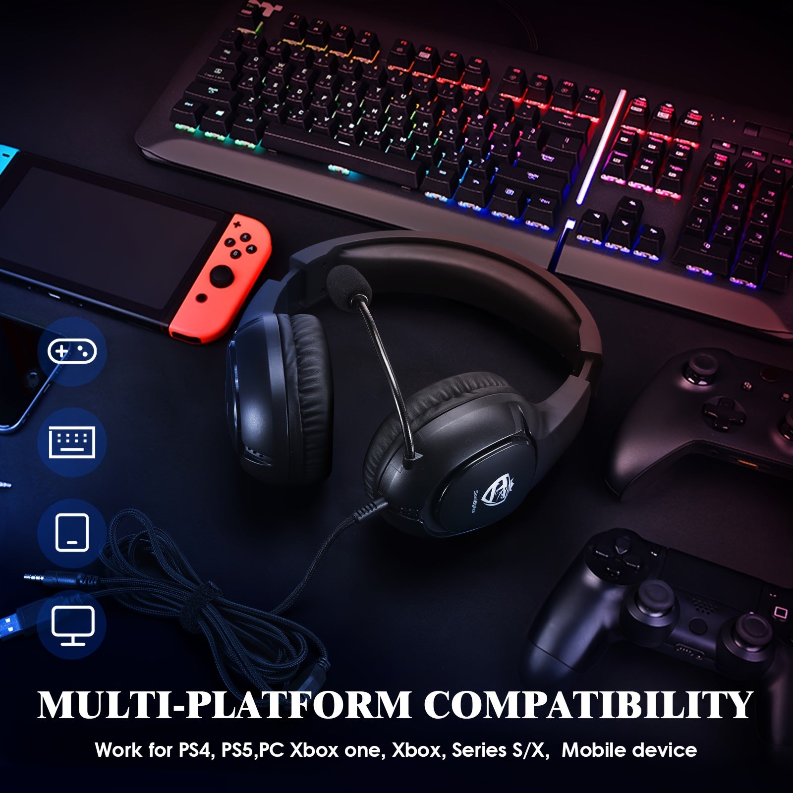 O headset gamer Soulbytes S20 Over-Ear possui um design com fio, controle de volume/mudo, luzes pulsantes em 7 cores e efeitos de som surround. É compatível com celulares, desktops e laptops, e pode ser usado com PS4, PS5 e