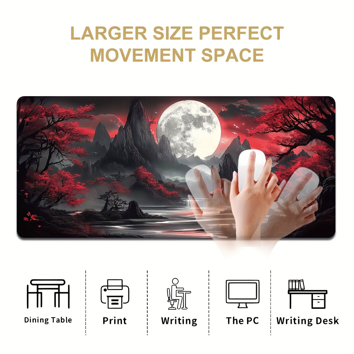 Tapete de teclado gamer extragrande e durável com estampa de lua escura