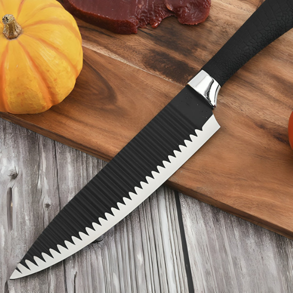 Conjunto de 6 peças para churrasco: facas para carne e legumes, descascador e tesoura profissional.