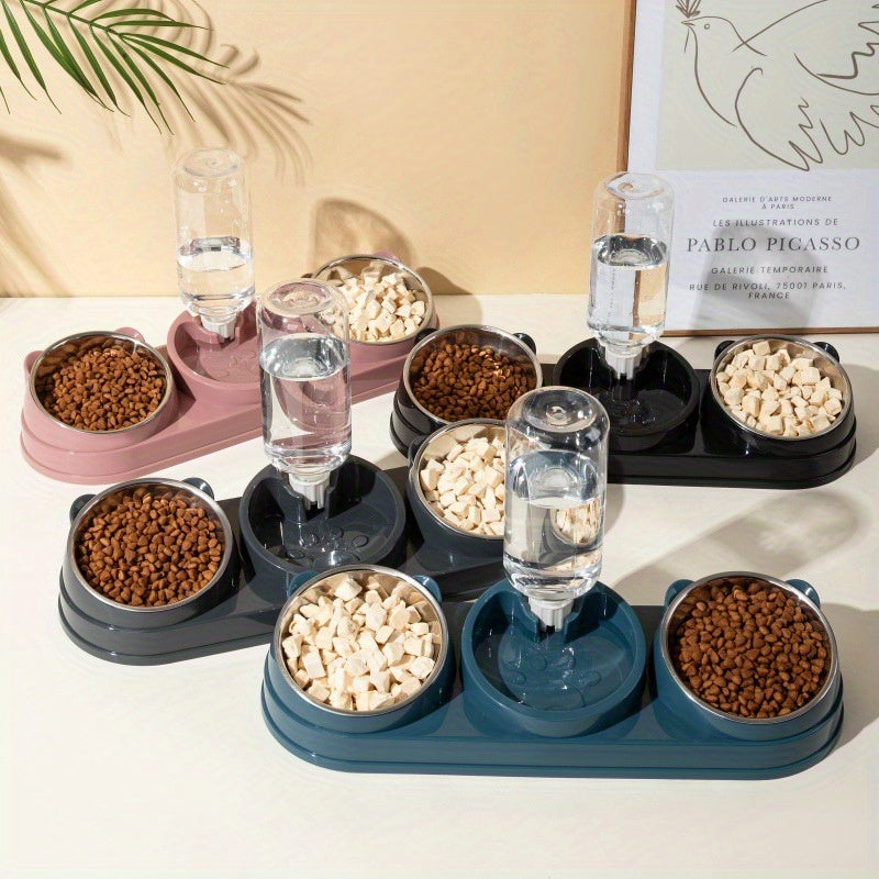 Tigela dupla de aço inoxidável para cães e gatos com design inclinado