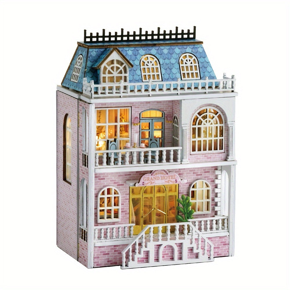 Casa de bonecas DIYMNHAUS com mobília - Modelo de madeira feito à mão, ideal para crianças e adolescentes,  casa em miniatura rosa para montar (sem cola/pilhas).