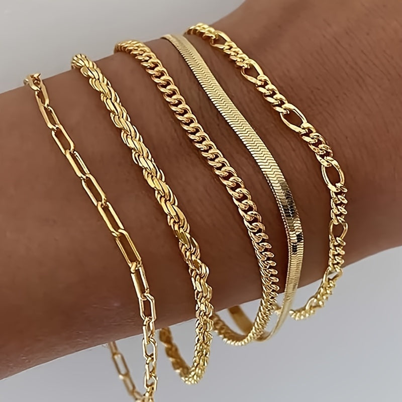 Conjunto de 5 pulseiras femininas elegantes em estilo boêmio - cobre banhado a ouro 14K com detalhes em strass