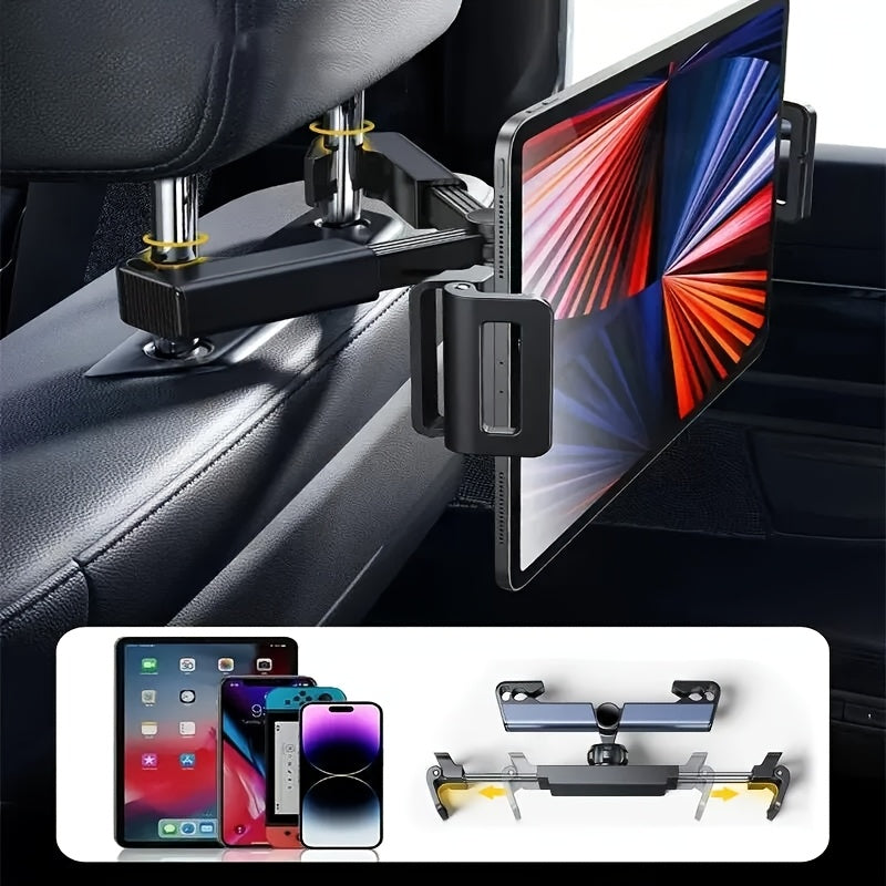Suporte para tablet com rotação de 360 graus para encostos de cabeça de carro, ideal para iPad, perfeito para viagens no banco traseiro e passeios de carro.