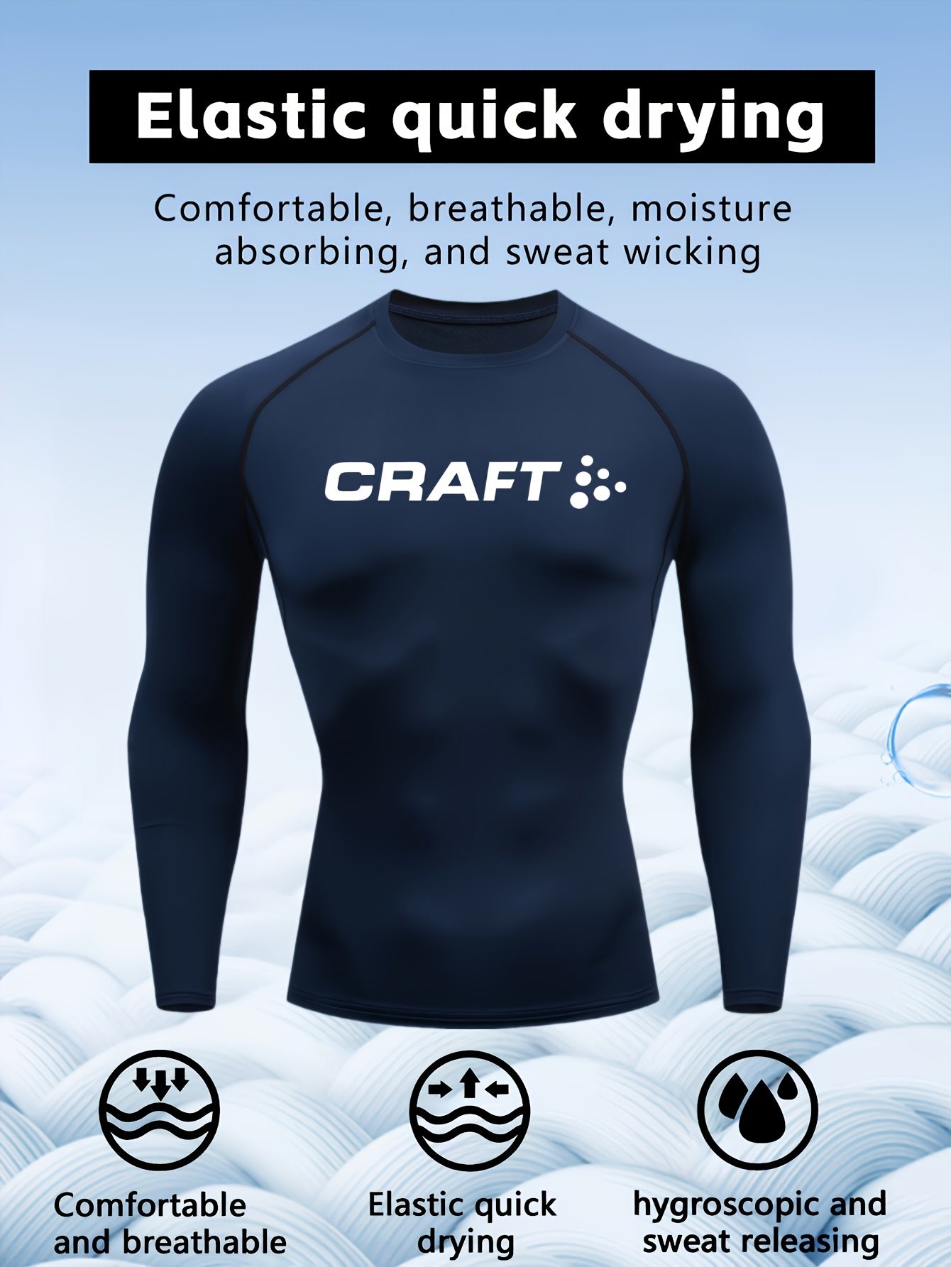 Camiseta de compressão masculina de manga comprida de alto desempenho CRAFT | Tecido de malha com gola redonda, secagem rápida, respirável e com absorção de umidade, ideal para fitness, corrida, boxe e uso casual. Leve e