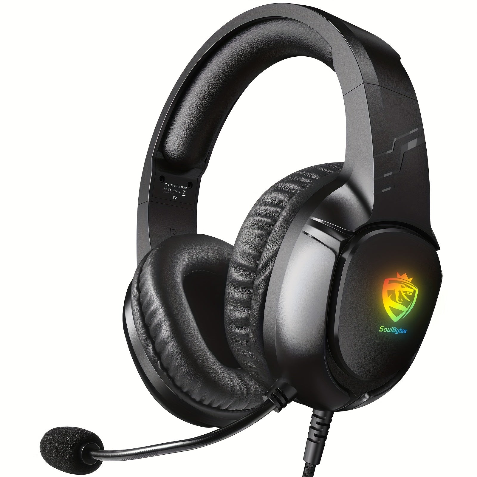 O headset gamer Soulbytes S20 Over-Ear possui um design com fio, controle de volume/mudo, luzes pulsantes em 7 cores e efeitos de som surround. É compatível com celulares, desktops e laptops, e pode ser usado com PS4, PS5 e