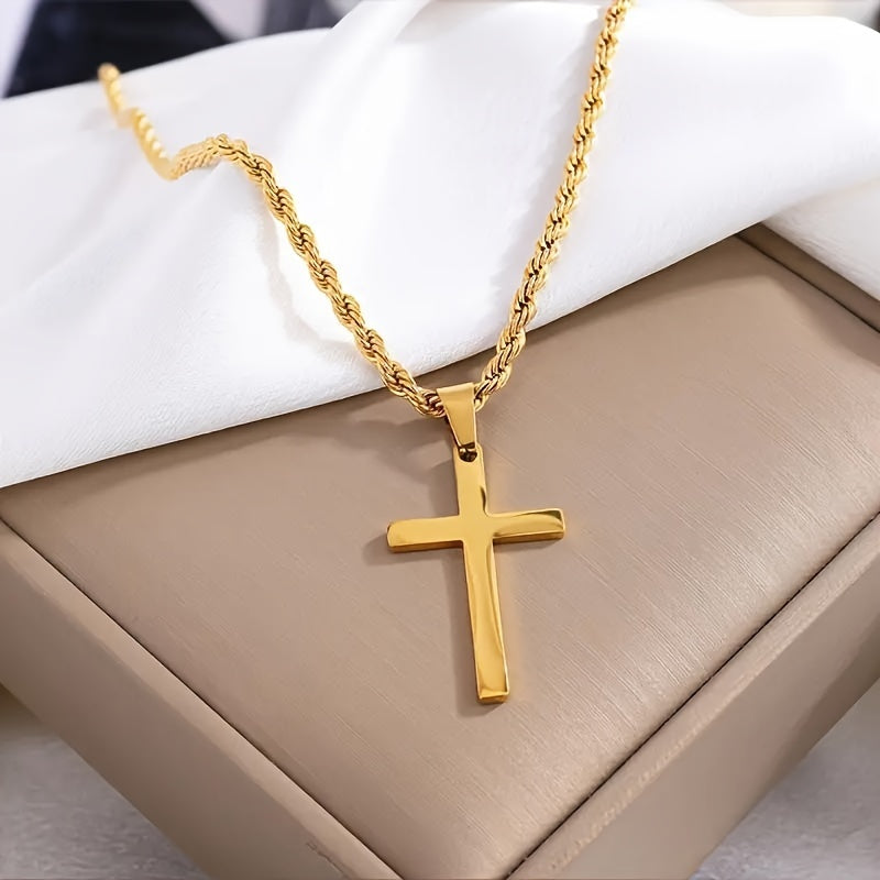 Colar com pingente de cruz em aço inoxidável banhado a ouro 8K, corrente de corda elegante, acessório de joalheria religiosa unissex