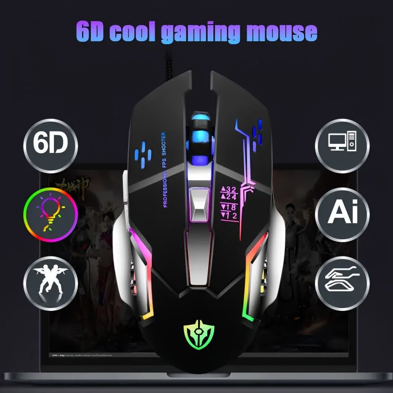 Mouse gamer USB com fio e retroiluminação, 6 botões, programação mecânica luminosa para computador, PC e laptop