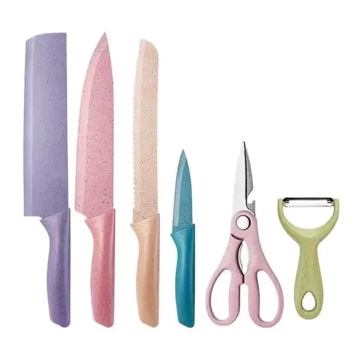 Conjunto de 6 peças para churrasco: facas para carne e legumes, descascador e tesoura profissional.