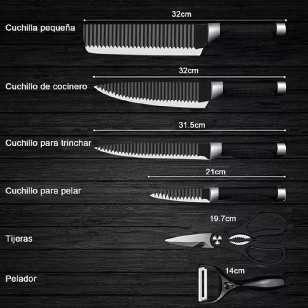 Conjunto de 6 peças para churrasco: facas para carne e legumes, descascador e tesoura profissional.