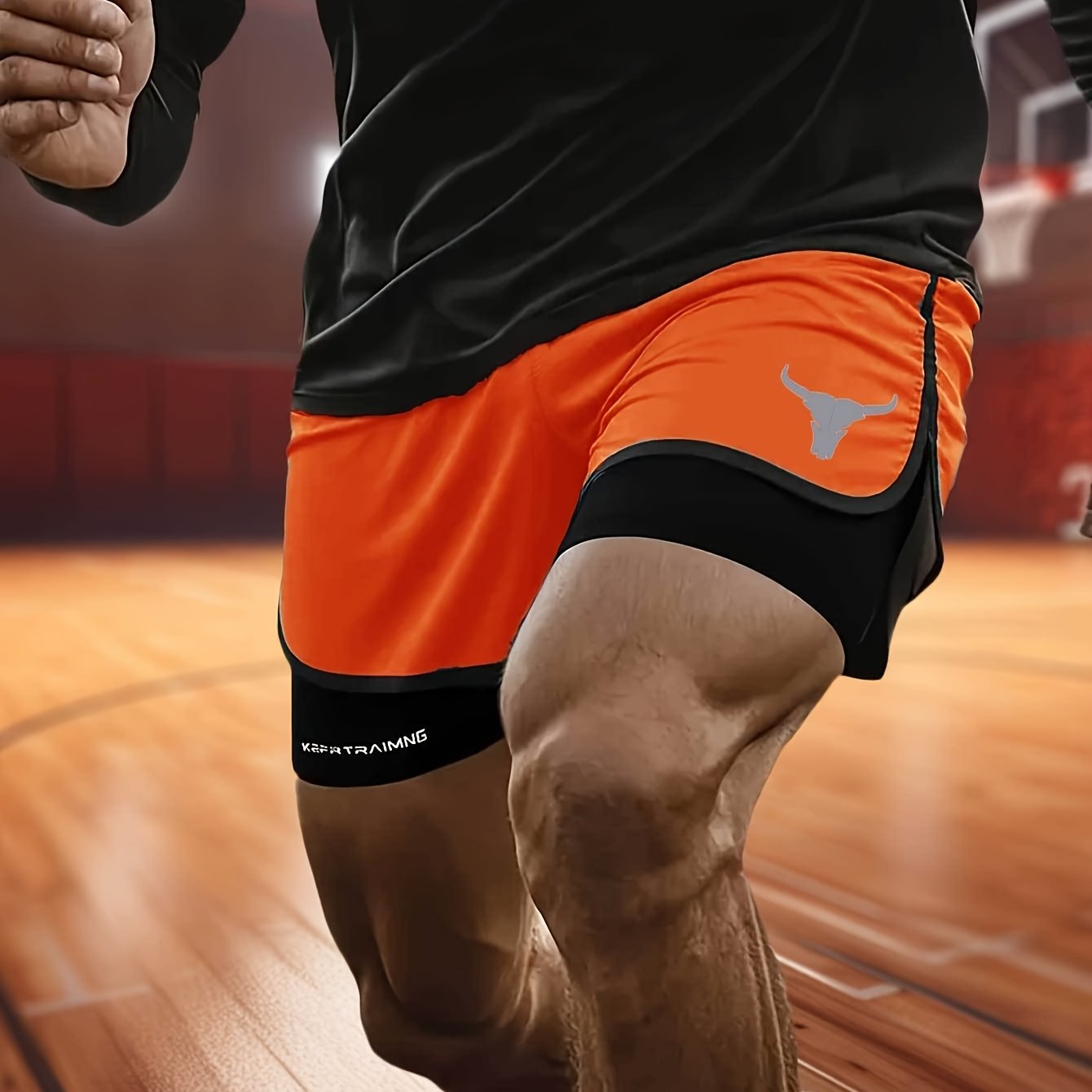 Calções de treino masculinos de secagem rápida e respiráveis com uma moderna estampa de cabeça de touro, perfeitos para praia e atividades físicas.