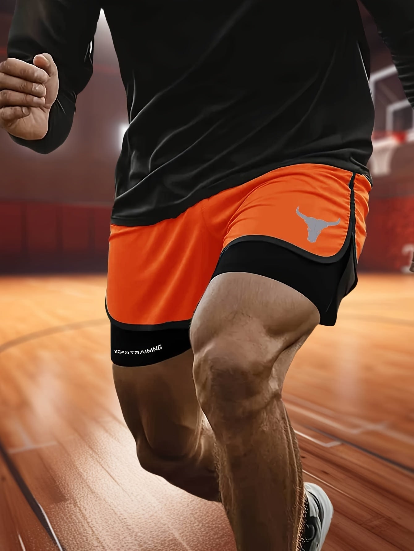 Calções de treino masculinos de secagem rápida e respiráveis com uma moderna estampa de cabeça de touro, perfeitos para praia e atividades físicas.