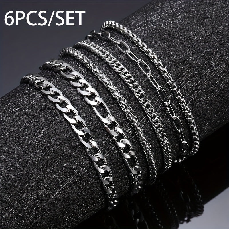 Conjunto de 6 pulseiras masculinas de aço inoxidável de alta qualidade, 19 cm, resistentes ao desbotamento.