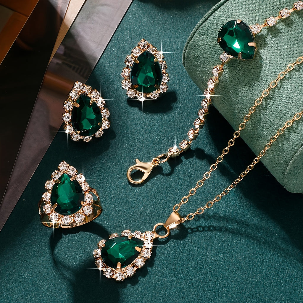 Conjunto de 5 peças de joias elegantes com strass verdes, Colar, brincos, pulseira e anel combinando com strass brilhantes