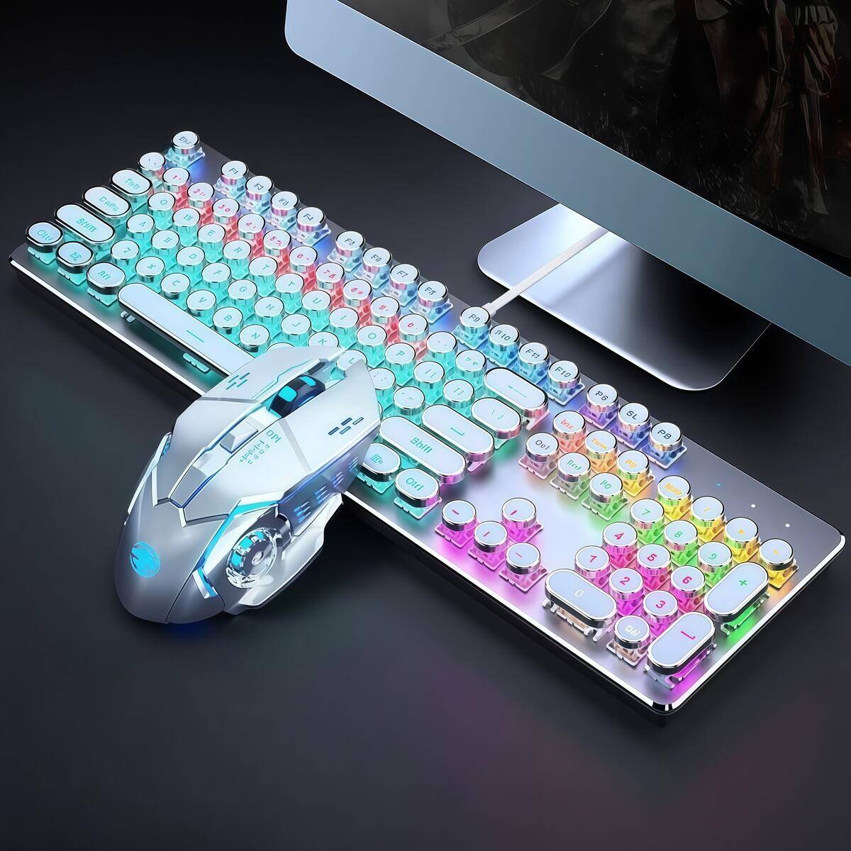 Conjunto de teclado e mouse mecânico: Teclado completo com 108 teclas + mouse para jogos (com iluminação RGB) USB - um item essencial para jogadores.