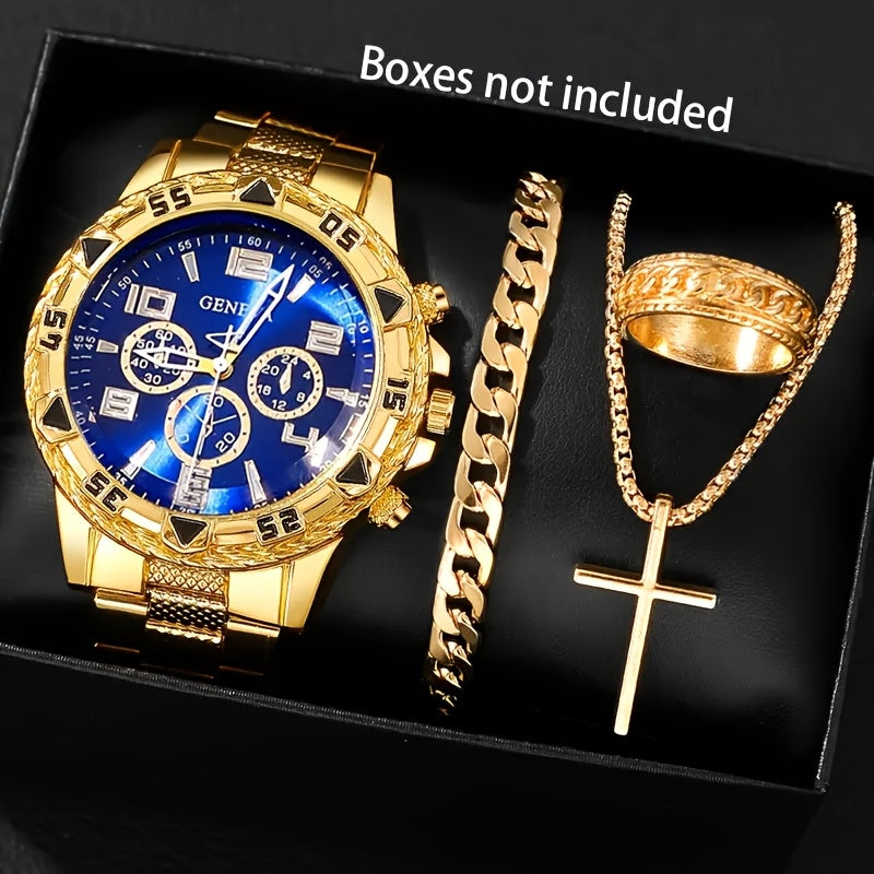 Conjunto de 4 peças elegantes para homens, em aço inoxidável, com relógio de quartzo, pulseira também em aço inoxidável, mostrador de pontos, corrente, anel e colar – Presente perfeito