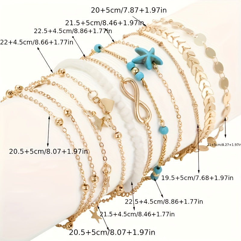 Conjunto de 10 tornozeleiras de metal com pingente de estrela-do-mar em estilo boêmio