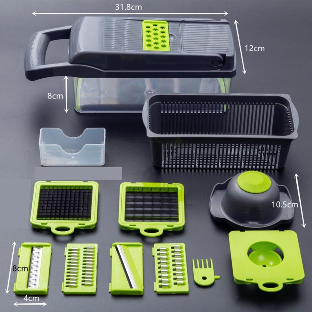 Fatiador, cortador e ralador multiuso profissional em aço inoxidável 14 em 1 para legumes, frutas e outros alimentos.