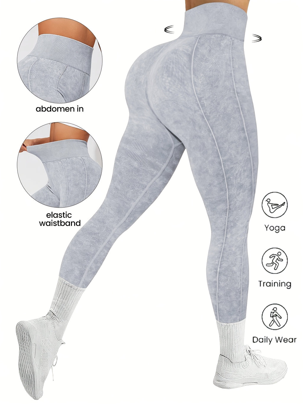 Leggings femininas estilosas e sem costura para a primavera e o verão de 2026, com lavagem que imita jeans. Altamente elásticas, confortáveis, respiráveis e com cintura alta para levantar o bumbum e modelar a silhue