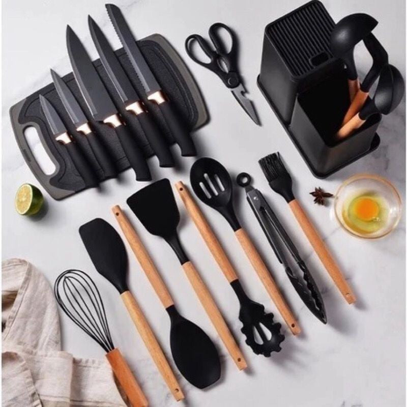 Jogo completo de utensílios de cozinha de luxo com 19 peças, incluindo tabuleiro de silicone, espátula, faca e tesoura.