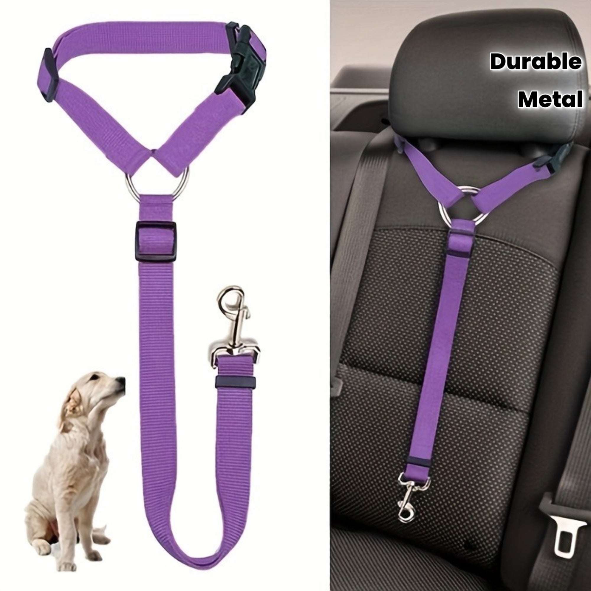 Cinto de segurança ajustável para animais de estimação, com guia de nylon 2 em 1 e cinto para o banco traseiro - Coleira resistente na cor roxa para viagens seguras, lavar à mão, fivelas de metal robustas.