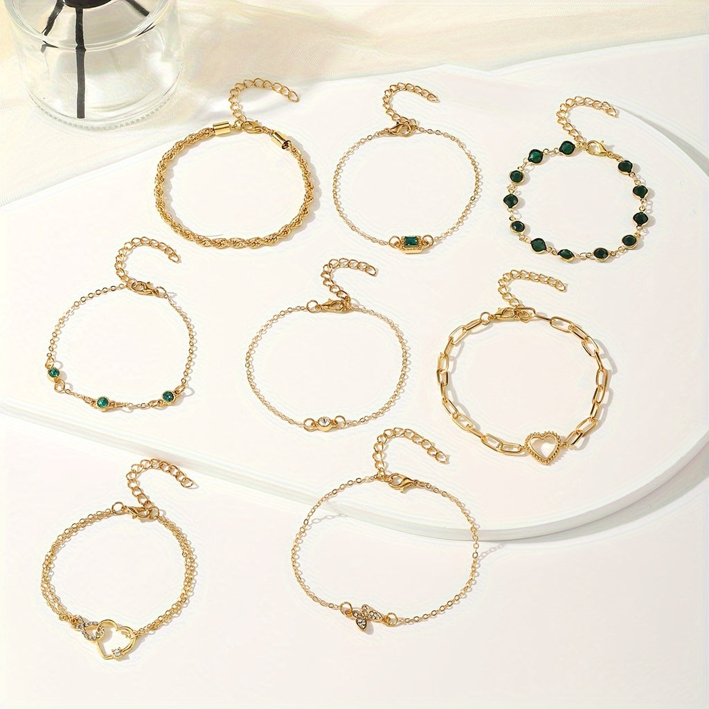 Conjunto de 8 pulseiras femininas da moda com designs de coração e geométricos, joias em camadas para um estilo elegante e único