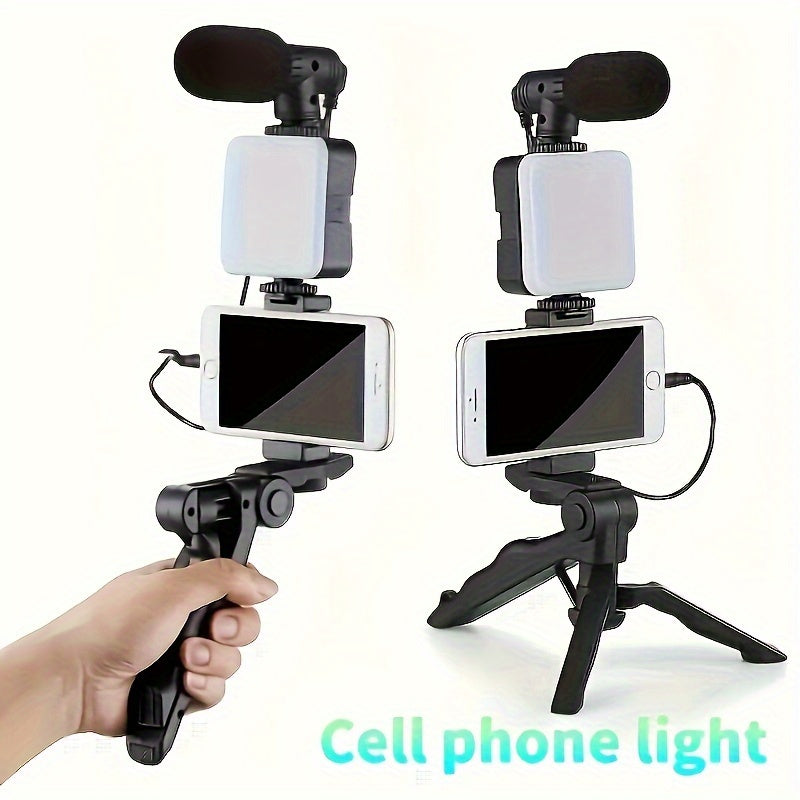 Kit portátil HOTU com LED para videoblog e suporte para smartphone, perfeito para transmissões ao vivo externas, videoconferências e vlogs.