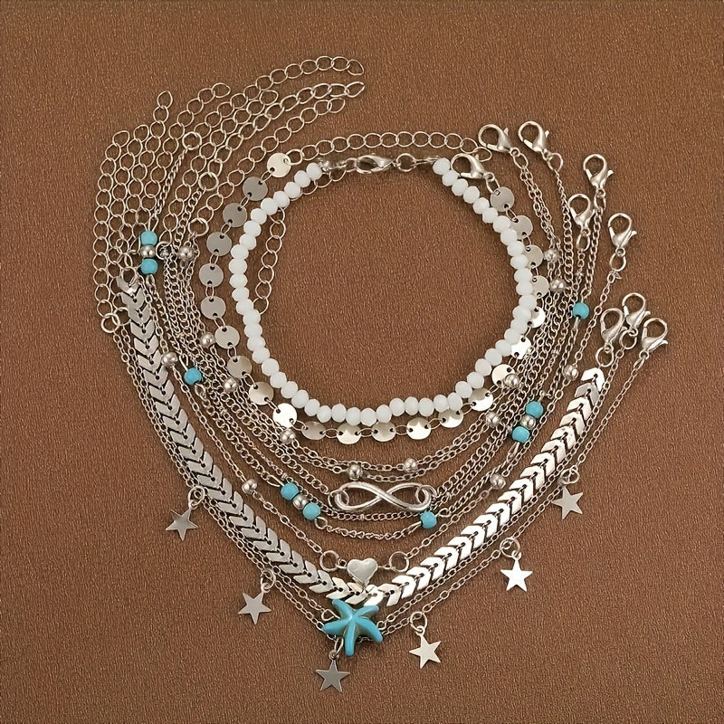 Conjunto de 10 tornozeleiras de metal com pingente de estrela-do-mar em estilo boêmio