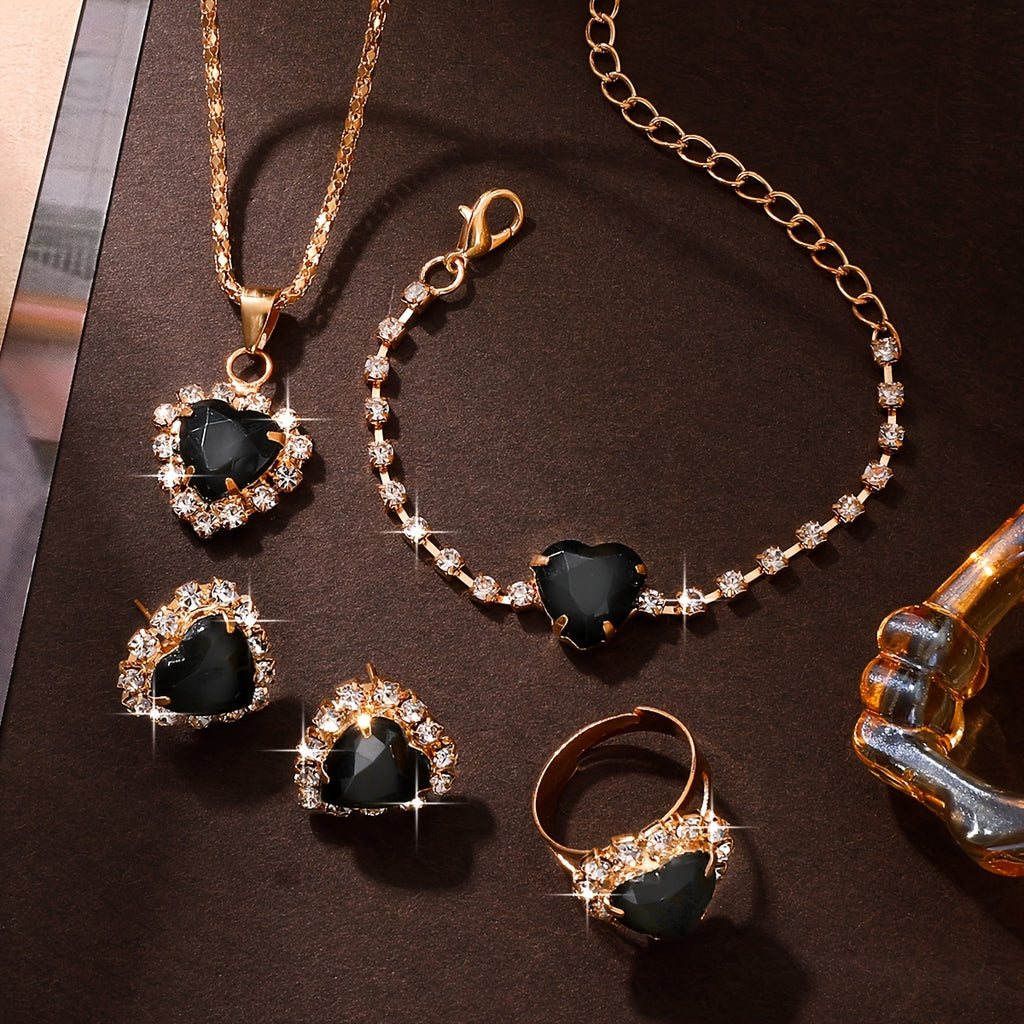 Conjunto de joias femininas estilo férias com 5 peças: 1 colar, 1 pulseira, 1 anel e 2 brincos