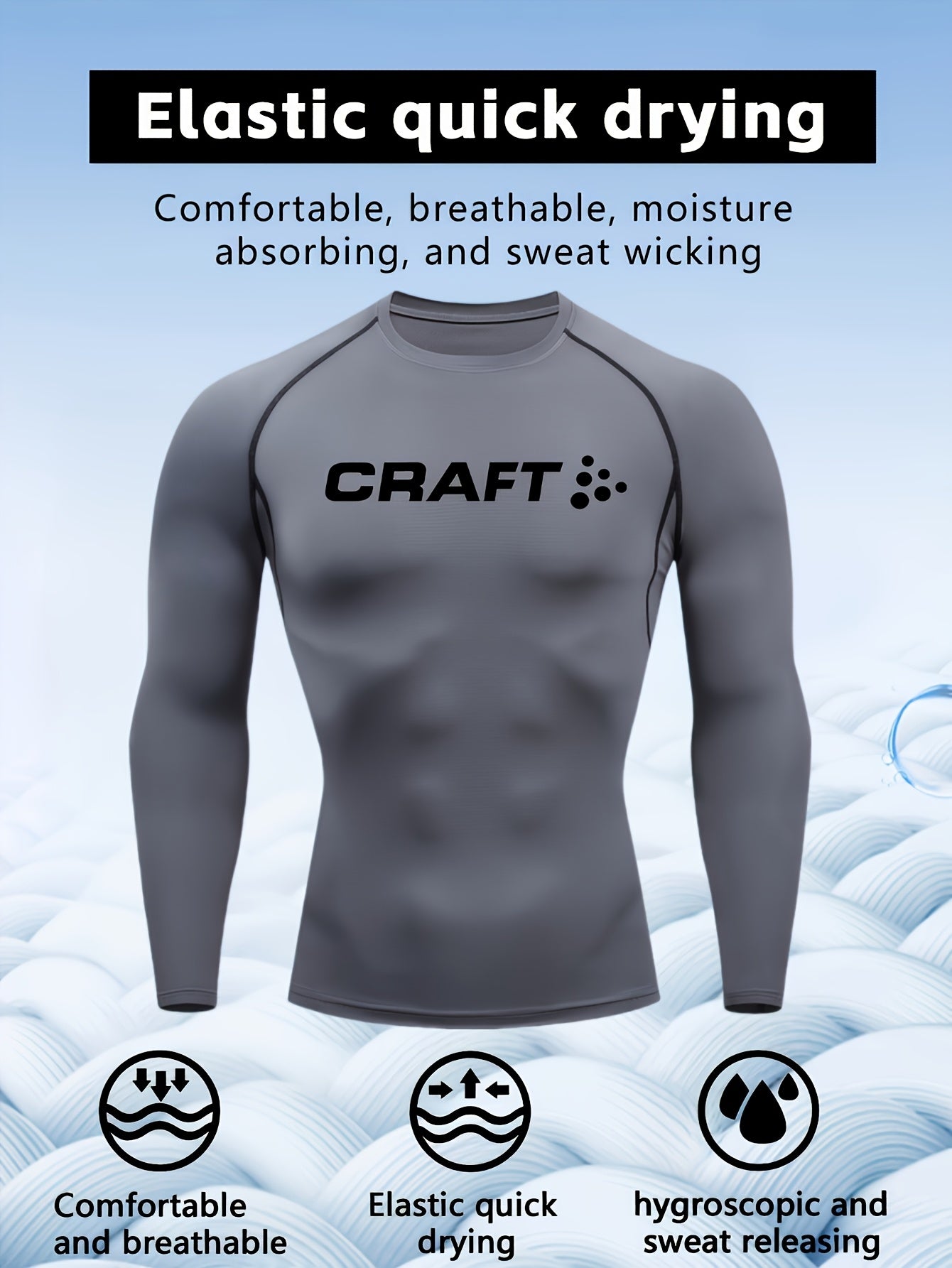 Camiseta de compressão masculina de manga comprida de alto desempenho CRAFT | Tecido de malha com gola redonda, secagem rápida, respirável e com absorção de umidade, ideal para fitness, corrida, boxe e uso casual. Leve e