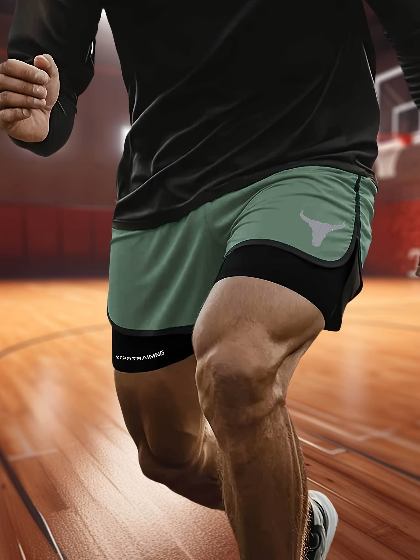 Calções de treino masculinos de secagem rápida e respiráveis com uma moderna estampa de cabeça de touro, perfeitos para praia e atividades físicas.