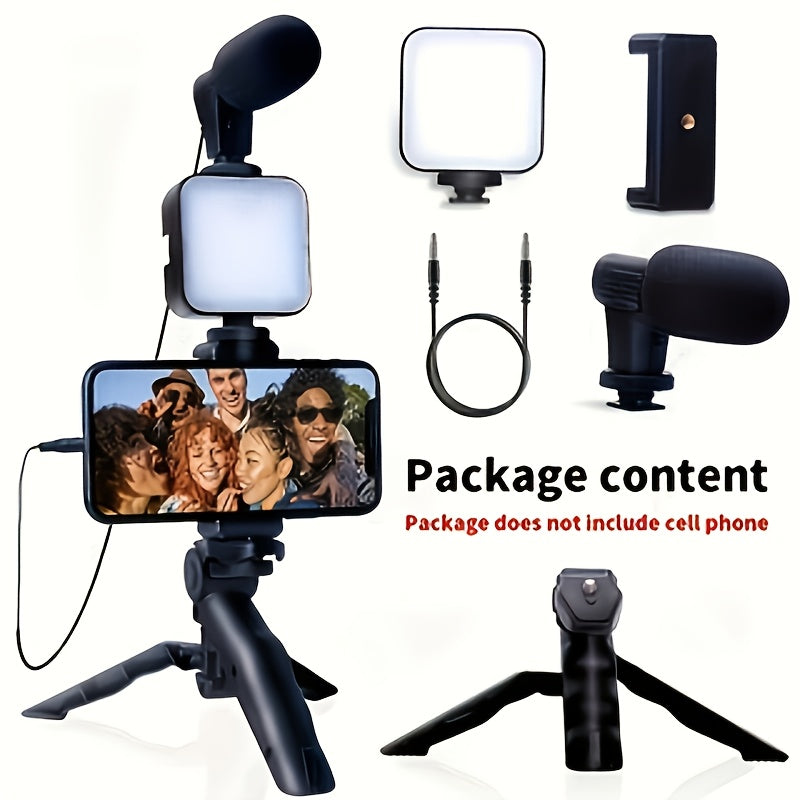 Kit portátil HOTU com LED para videoblog e suporte para smartphone, perfeito para transmissões ao vivo externas, videoconferências e vlogs.