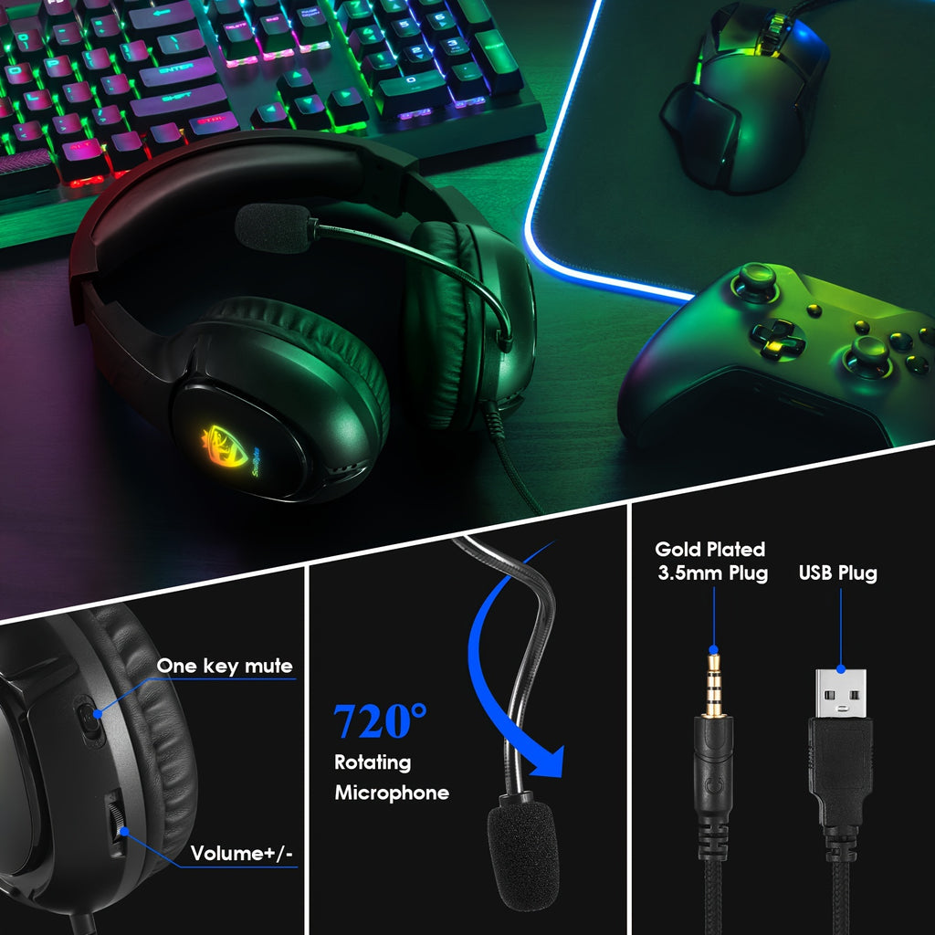 O headset gamer Soulbytes S20 Over-Ear possui um design com fio, controle de volume/mudo, luzes pulsantes em 7 cores e efeitos de som surround. É compatível com celulares, desktops e laptops, e pode ser usado com PS4, PS5 e
