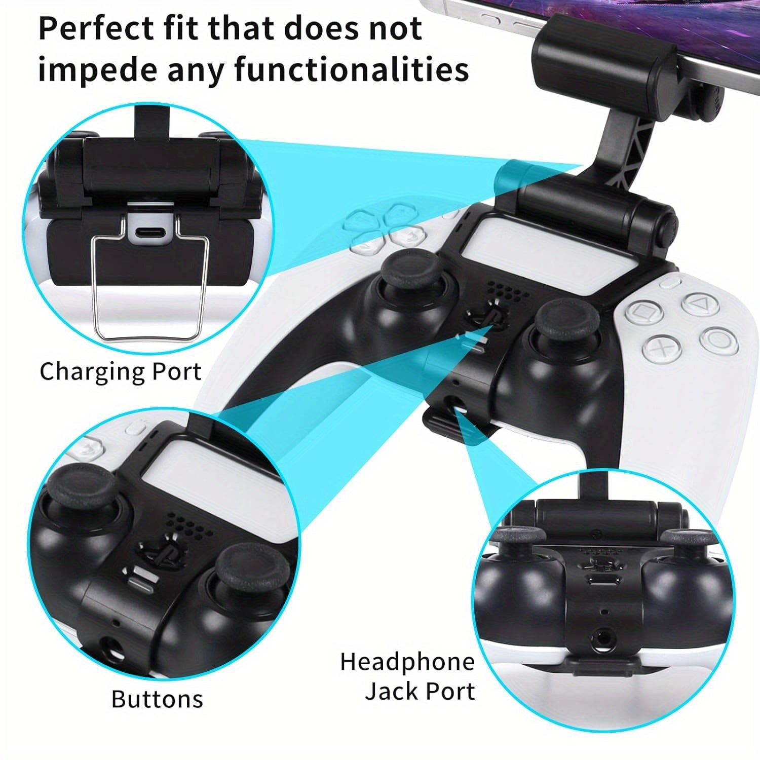 Suporte para celular para controle de PS5, clipe ajustável para jogos mobile compatível com o controle DualSense do PlayStation 5.
