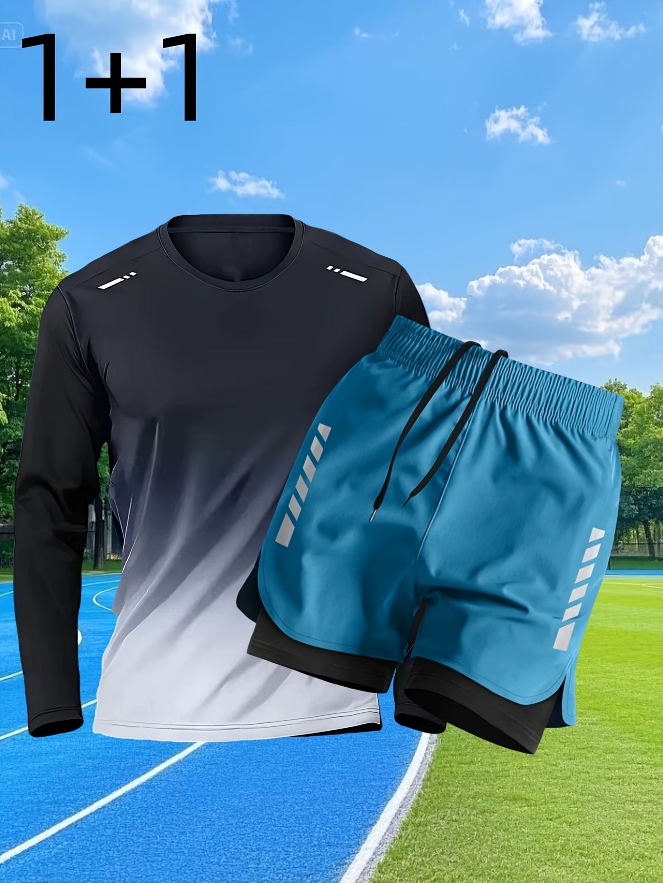 Conjunto Esportivo Masculino 2 Peças – Blusa de Manga Comprida + Shorts Justos de Camada Dupla