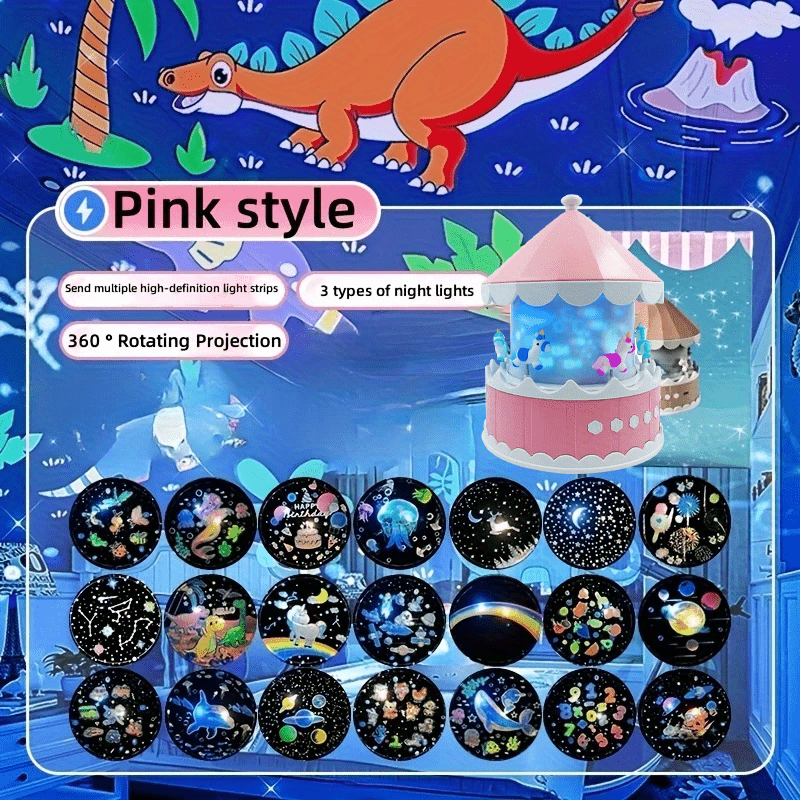 Projetor de Luz Noturna em Formato de Carrossel – Rosa | Projeção 360°
