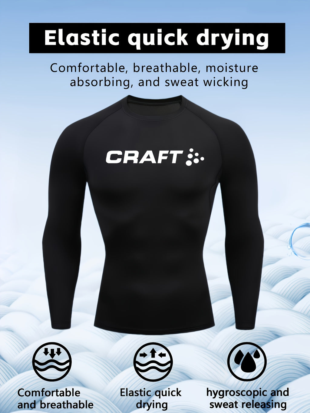 Camiseta de compressão masculina de manga comprida de alto desempenho CRAFT | Tecido de malha com gola redonda, secagem rápida, respirável e com absorção de umidade, ideal para fitness, corrida, boxe e uso casual. Leve e