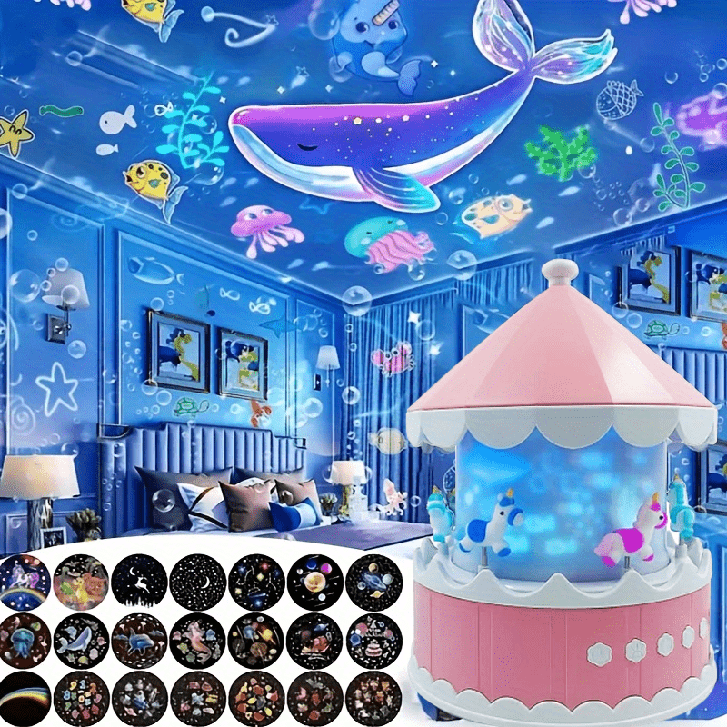 Projetor de Luz Noturna em Formato de Carrossel – Rosa | Projeção 360°