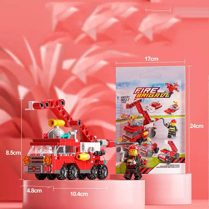 Blocos de Montar 6 em 1 com Tema de Bombeiros - 142 Peças, Brinquedo Educativo